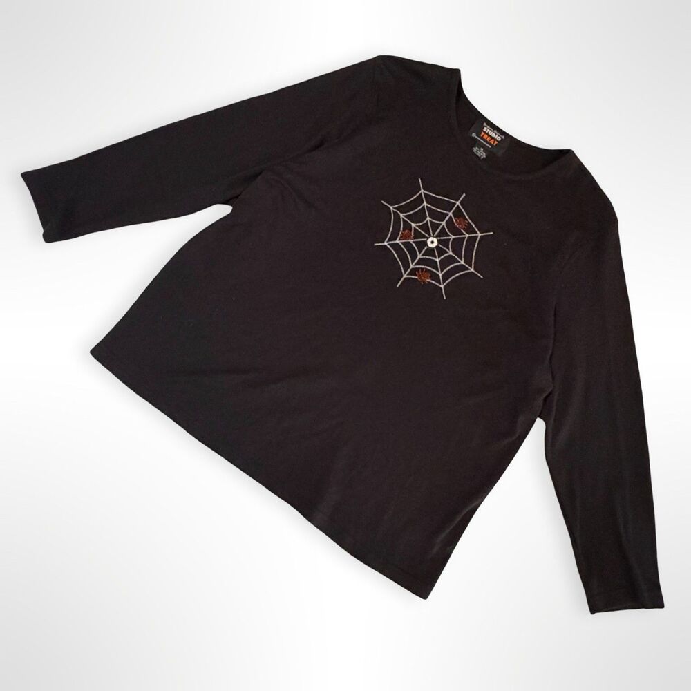Studio Treat, Halloween Black Spooky Spider Web Long Sleeve T-Shirt, XL
